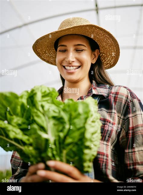 Caring For Our Most Precious Resource A Young Female Farmer Holding A Bunch Of Spinach Stock