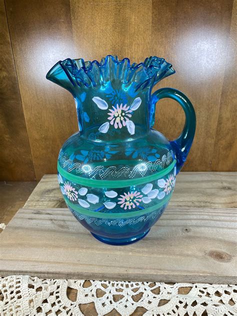 Antique Blue Ruffled Edge Glass Pitcher Hand Painted Floral Etsy In 2022 Floral Painting