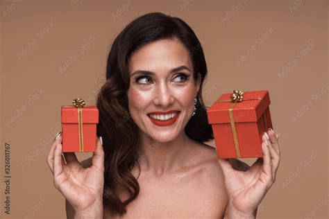 Beauty Portrait Of Happy Adult Half Naked Woman Holding Present Boxes