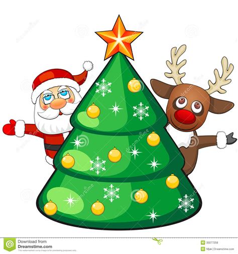Big set of santa claus cartoon illustrations. Deer And Santa Claus With Christmas Tree Stock Vector ...