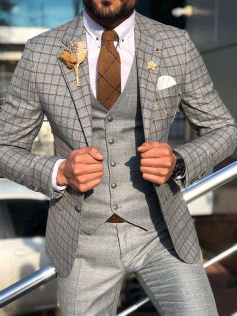 Buy Brown Slim Fit Plaid Check Suit By Free Shipping