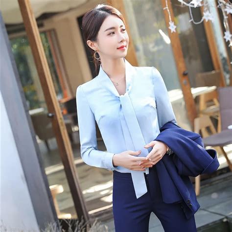 spring fall fashion women work blouses and shirts light blue long sleeve ladies office uniform