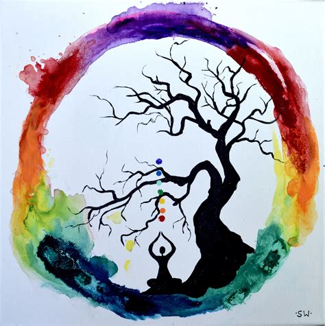 Rainbow Meditation Ring With Healing Tree Original Painting Chakra