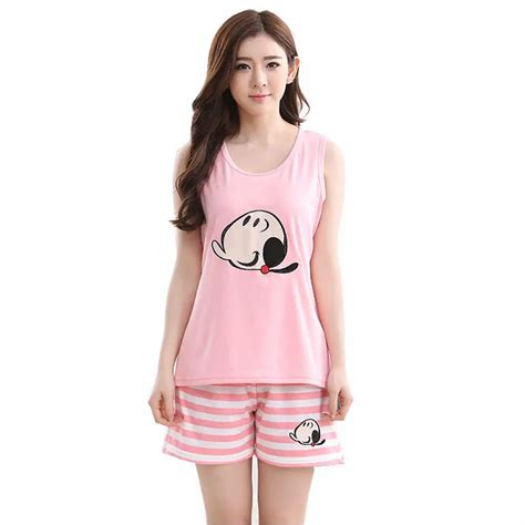 Spring Summer Cotton Womens Striped Pajama Sets Cute Cartoon Sleepwear