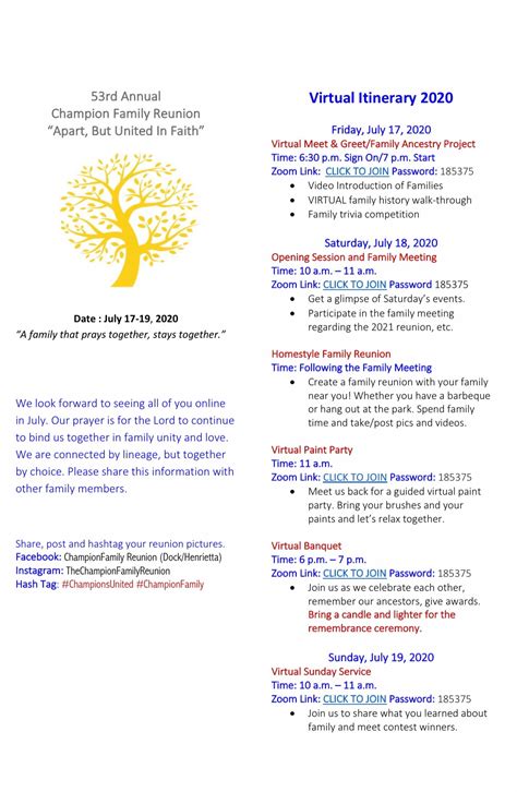 Family reunion planning blog featuring ideas, activities, checklists, tips, templates, worksheets, printables and apps. ITINERARY - CHAMPION FAMILY REUNION