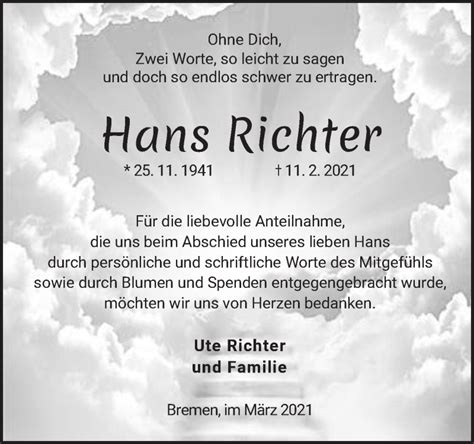 Traueranzeigen Von Hans Richter Trauer Gedenken