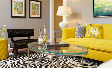 Cozy Living Room With Yellow Sofa And Black White Carpet 3541 House
