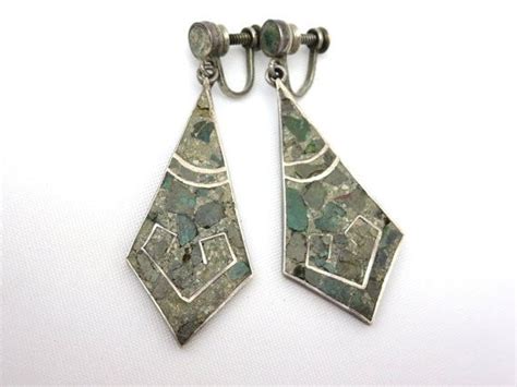 Sterling Inlaid Turquoise Earrings Silver Dangles Mexico Etsy