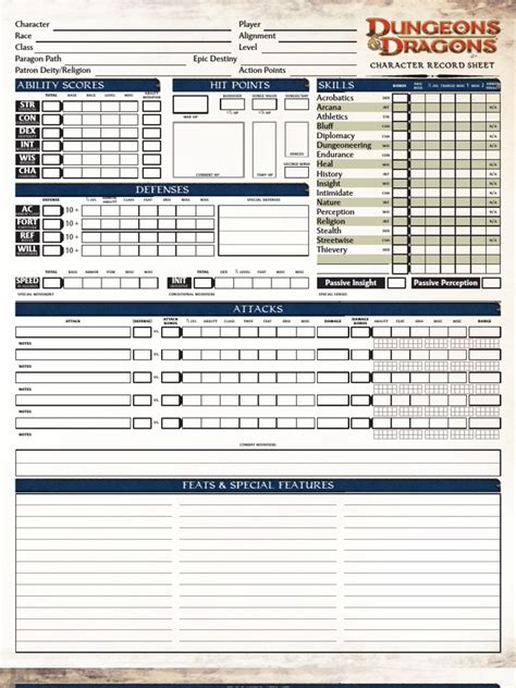 Fourth Edition Character Sheets Role Playing Games D20 System