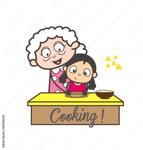 Cartoon Granny Teaching Cooking To Her Granddaughter Vector Illustration Stock Vector Adobe Stock