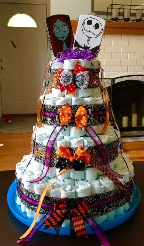 It is just a rectangular cake and a small rectangular cake for the head rest of the bed. Nightmare Before Christmas diaper cake made for my nephew's baby shower. | Halloween baby shower ...