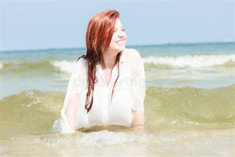 Sensual Girl Wet Cloth In Water On The Coast Stock Image Image Of Redhead Sensual 71643705