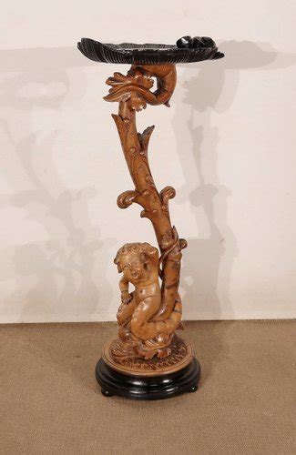 Pedestal Eros Riding A Dolphin In Natural Wood And Blackened Wood