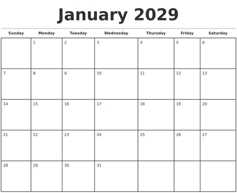 January 2029 Monthly Calendar Template