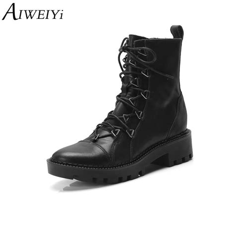 aiweiyi women ankle boots black low heels platform shoes woman lace up round toe martin boots