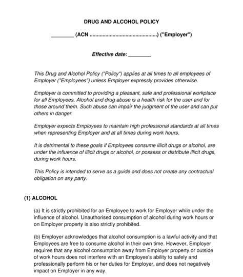 Drug And Alcohol Policy Sample Template