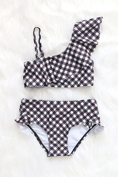 Kids Two Piece Ruffle One Shoulder Swimsuit Gingham Print Black