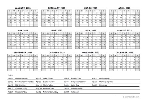 2023 Major Holidays Calendar