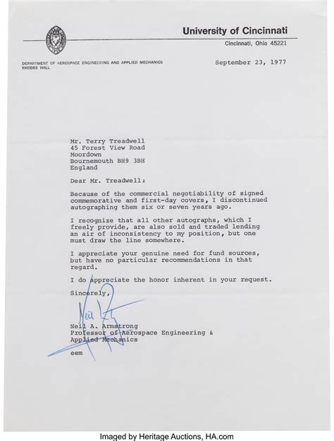 Neil Armstrong Typed Letter Signed Regarding The Signing Of Lot