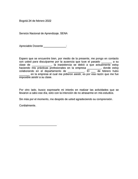 Carta Para Excusa De Un Trabajo No Presentado Bogotá 24 De Febrero