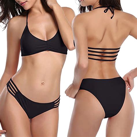 Buy Womail Black Swimwear Women 2018 Sexy Bandage Halter Bikini Set Solid