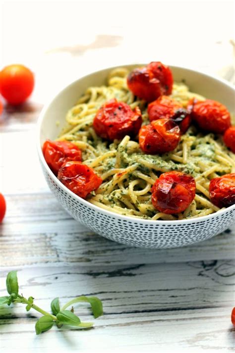 Roasted Garlic Pesto Spaghetti With Blistered Cherry Tomatoes Happy Veggie Kitchen