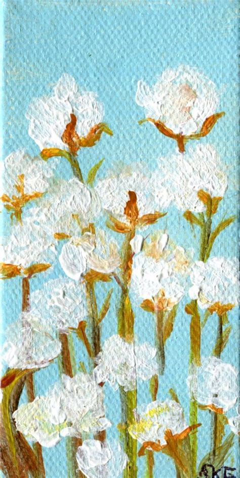 Cotton Bolls Acrylic Mini Painting Cotton Painting Small Botanical
