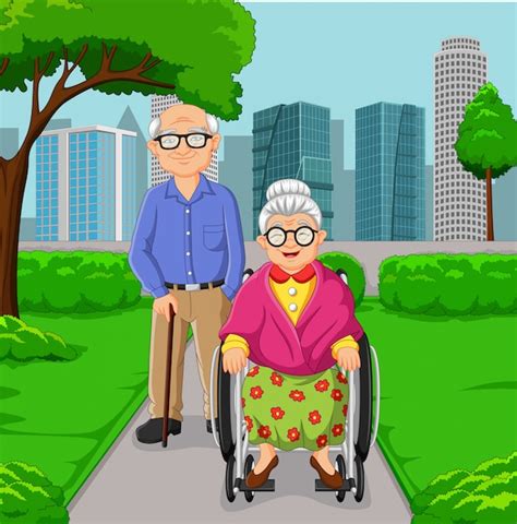 Pareja De Ancianos De Dibujos Animados En El Parque Vector Premium