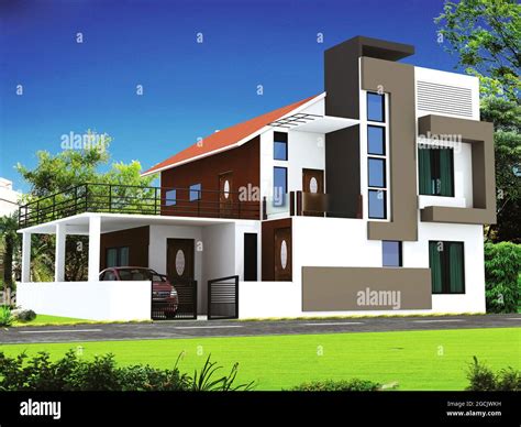 3d Rendering Of A Duplex House With An Abstract Exterior Design And A