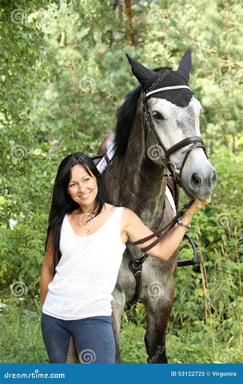 Beautiful Woman And Gray Horse Portrait In Garden Stock Image Image