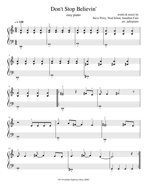 Dont Stop Believin Easy Piano Sheet Music For Piano Solo