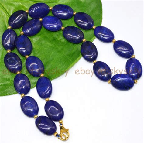 Dark Blue Jade 13x18mm Oval Gemstone Gold Spacer Beads Necklace
