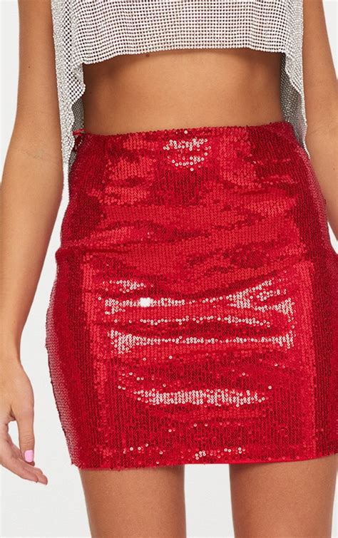 Red Sequin Mini Skirt Prettylittlething Usa