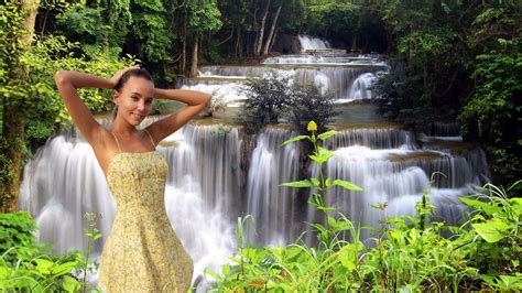 Скачать обои девушки katya clover катя скаредина водопад каскад платье поза из раздела