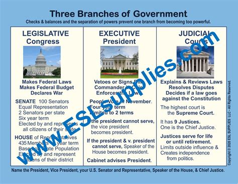 Three Branches Of Government Us Citizenship Civics Education Chart