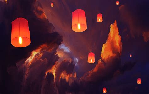 Lantern Sky Lanterns Clouds Artwork Floating