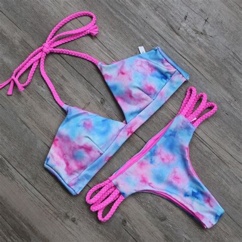 Selah Tie Dye Blue And Hot Pink Braided Strappy Cheeky Brazilian Bikini Set Bikinis Swimsuits