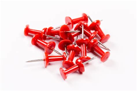 Set Of Red Push Pins Isolated On White Background Stock Photo