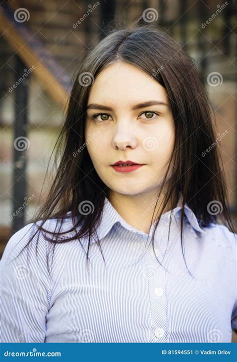 Portrait Of A Dark Haired Girl With Her Long Hair Stock Image Image Of Attractive Blouse