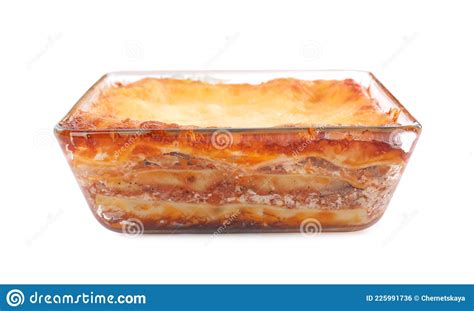 Tasty Cooked Lasagna In Baking Dish Isolated On White Stock Photo