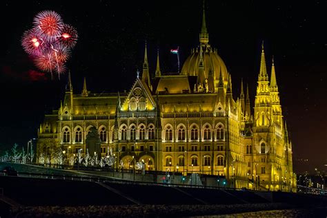 Hungarian Parliament Building With Fireworks In Night Sky · Free Stock