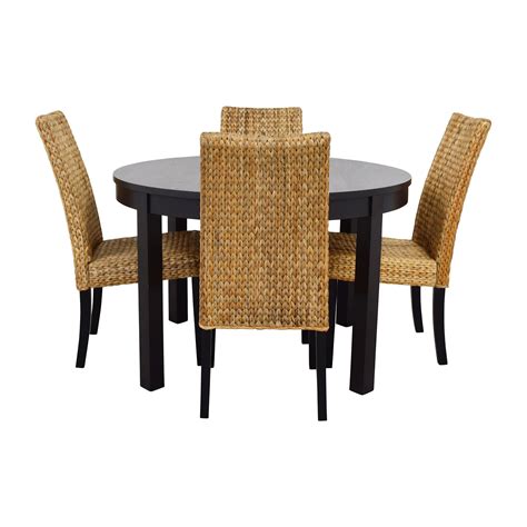 Rustic wooden farmhouse table set with black chairs and bench provincial brown top and true black base criss cross style capefearcurbside. 66% OFF - Round Black Dining Table Set with Four Chairs ...