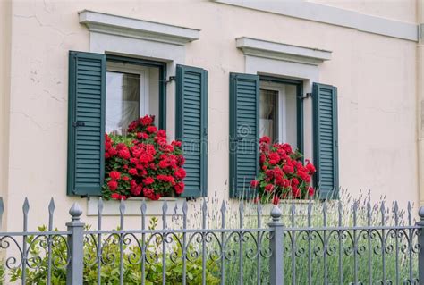 House Facade With Shutters On Windows And Red Geranium Flowers Stock