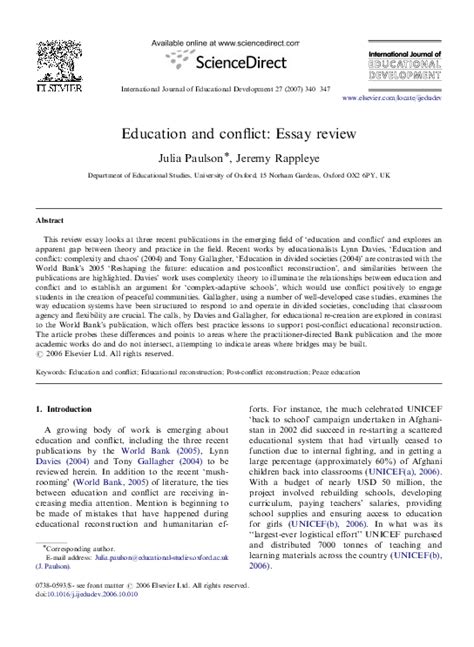 No matter what your for psychology students, critiquing a professional paper is a great way to learn more about psychology articles, writing, and the research process itself. (PDF) Education and conflict: Essay review | Julia Paulson - Academia.edu