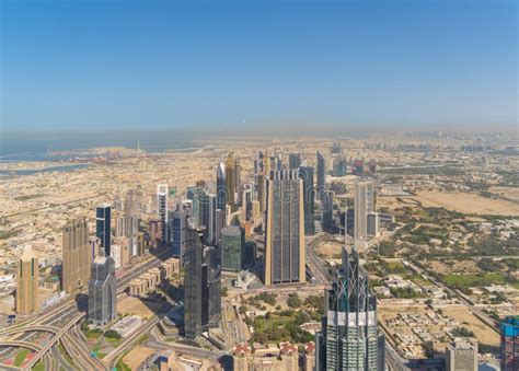 Aerial View Of Dubai Downtown Skyline Highway Roads Or Street In