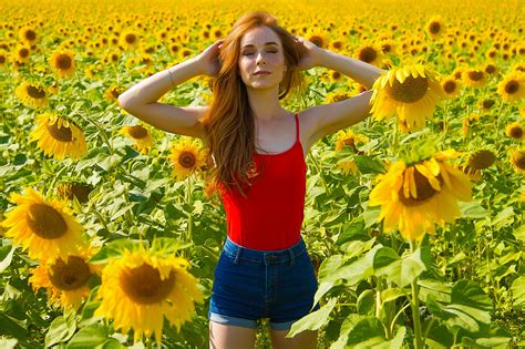 wallpaper kirill zakirov model redhead tank top holding hair sunflowers flowers jean