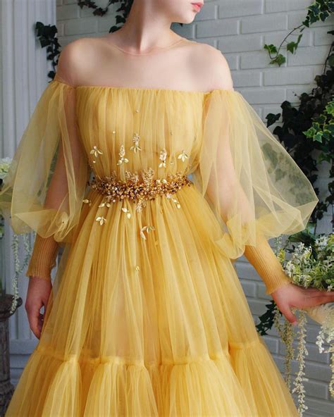 Crystals And Leaves Yellow Tulle Puff Sleeve Fairy Dress Lunss