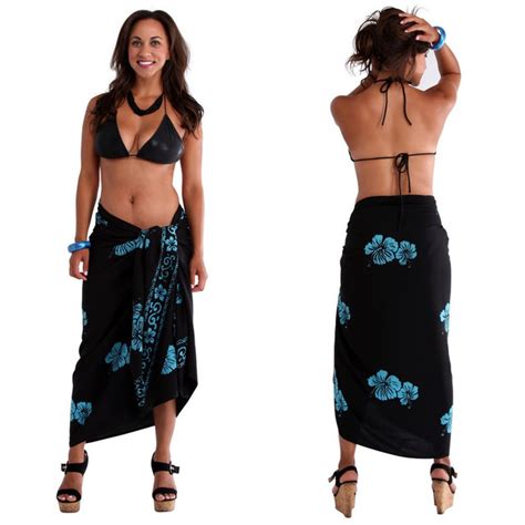 Hibiscus Top Quality Sarong In Black Turquoise Plus Size Fringeless Sarong