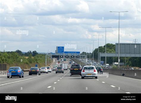 Heavy Traffic On The M1 Southbound Motorway In England Near London At