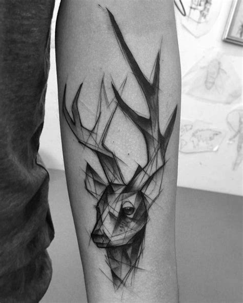 A Black And White Photo Of A Deers Head With Geometric Lines On It